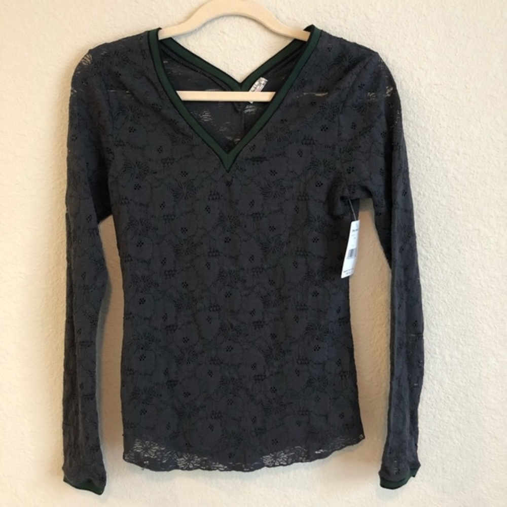 Free People Gray  Floral Long Sleeve Tee M